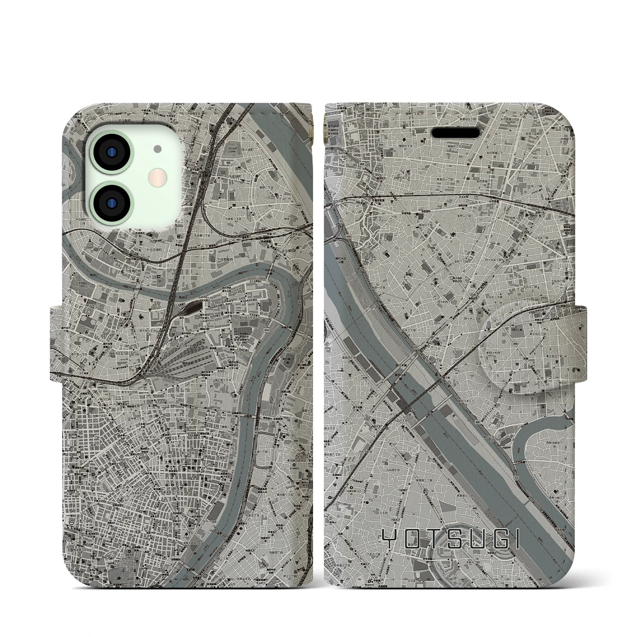 【四ツ木(東京都)】地図柄iPhoneケース(手帳タイプ)モノトーン・iPhone 12 mini 用