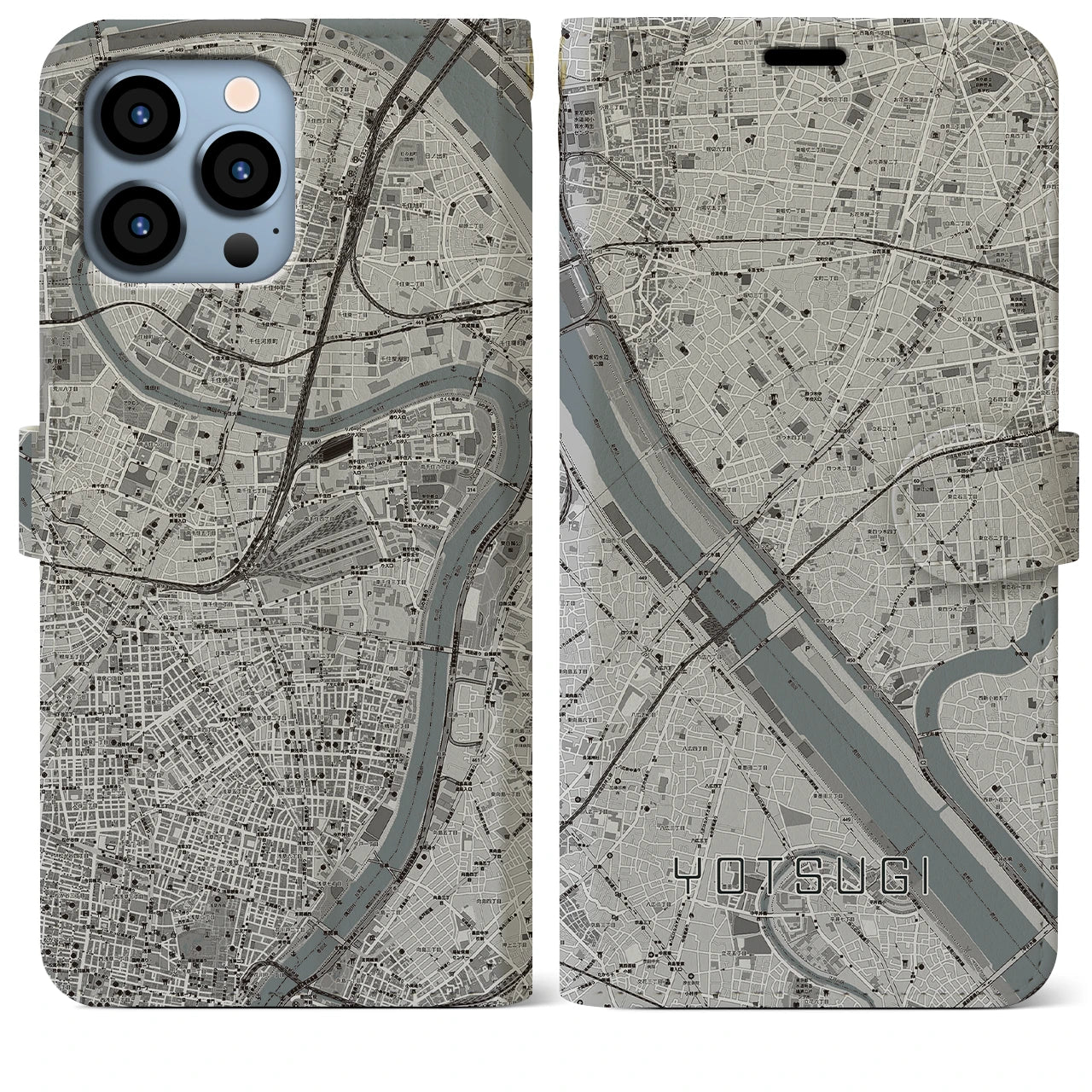 【四ツ木(東京都)】地図柄iPhoneケース(手帳タイプ)モノトーン・iPhone 13 Pro Max 用