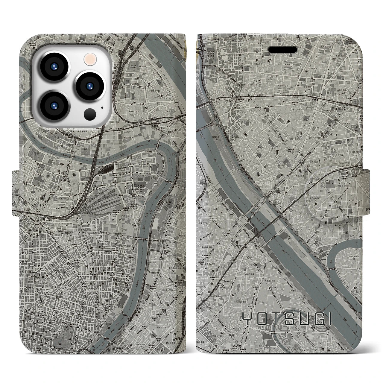 【四ツ木(東京都)】地図柄iPhoneケース(手帳タイプ)モノトーン・iPhone 13 Pro 用