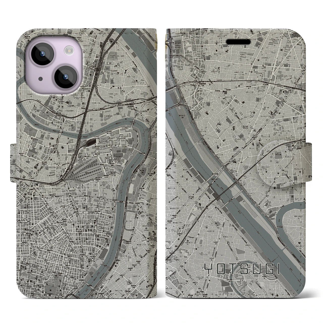 【四ツ木(東京都)】地図柄iPhoneケース(手帳タイプ)モノトーン・iPhone 14 用