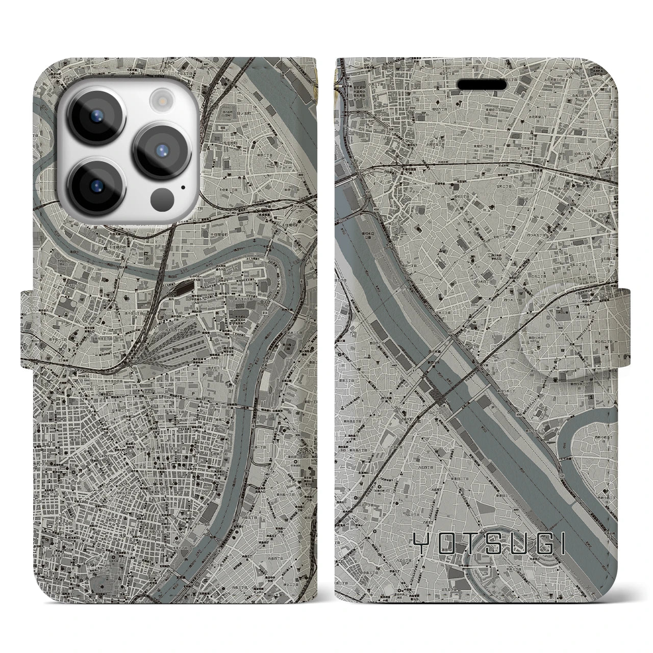 【四ツ木(東京都)】地図柄iPhoneケース(手帳タイプ)モノトーン・iPhone 14 Pro 用