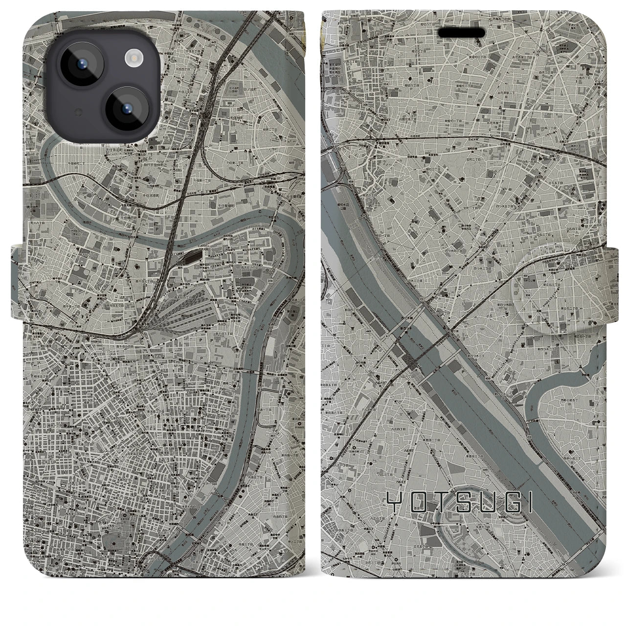 【四ツ木(東京都)】地図柄iPhoneケース(手帳タイプ)モノトーン・iPhone 14 Plus 用