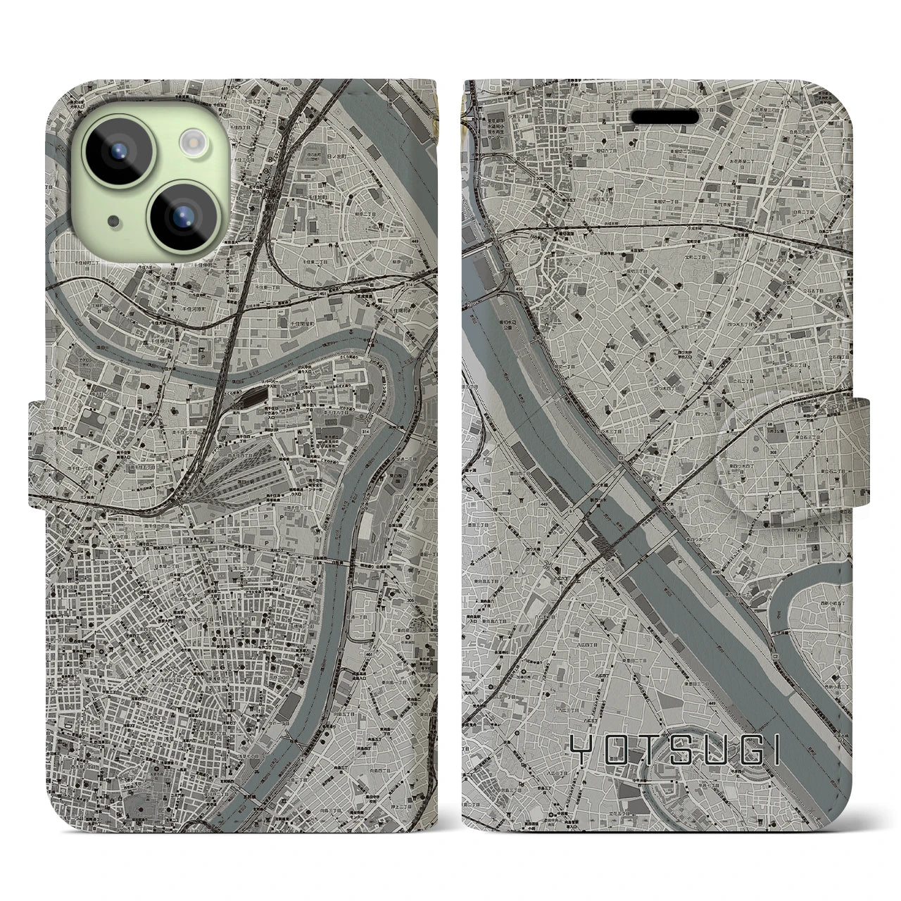 【四ツ木(東京都)】地図柄iPhoneケース(手帳タイプ)モノトーン・iPhone 15 用