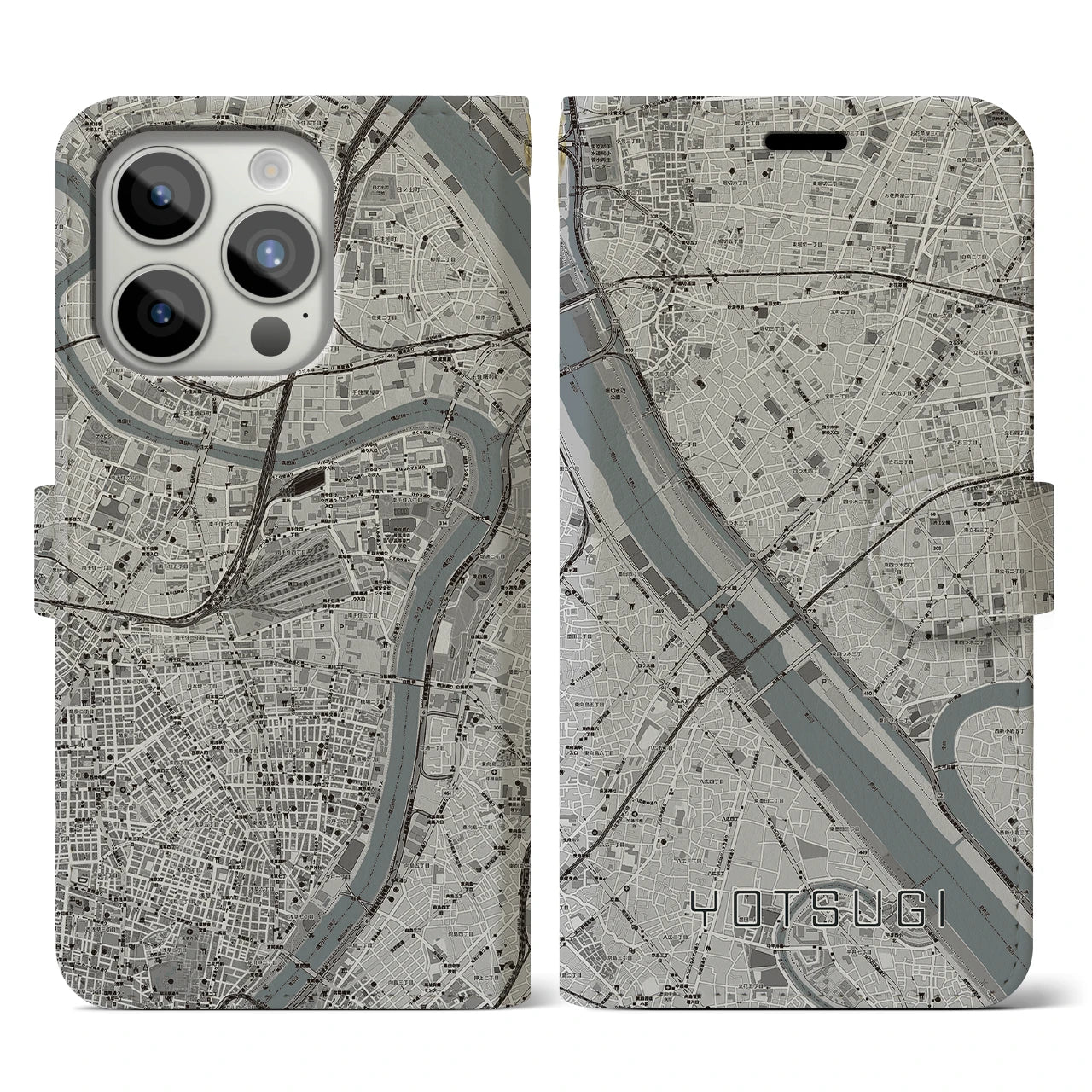 【四ツ木(東京都)】地図柄iPhoneケース(手帳タイプ)モノトーン・iPhone 15 Pro 用