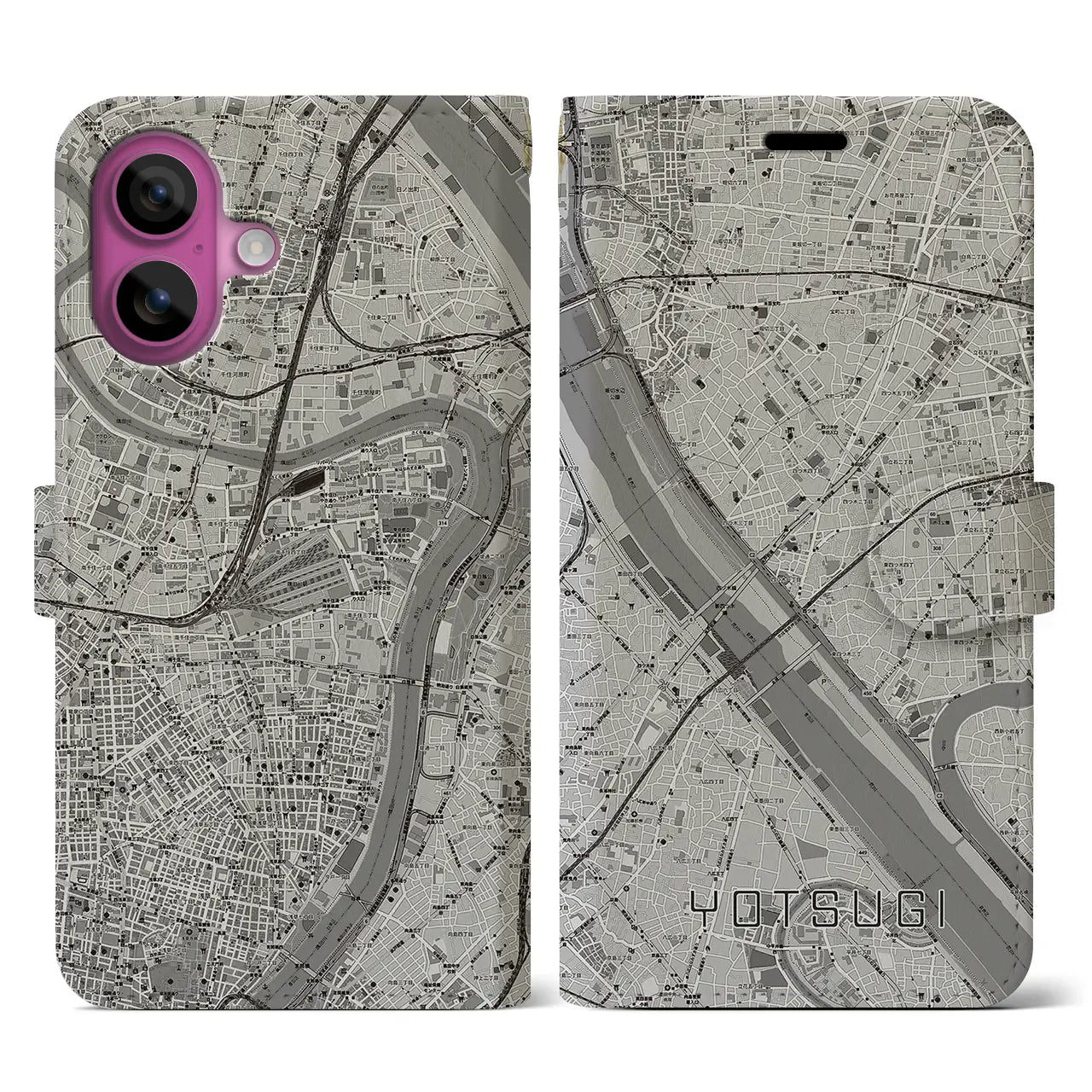 【四ツ木(東京都)】地図柄iPhoneケース(手帳タイプ)モノトーン・iPhone 16 Pro 用