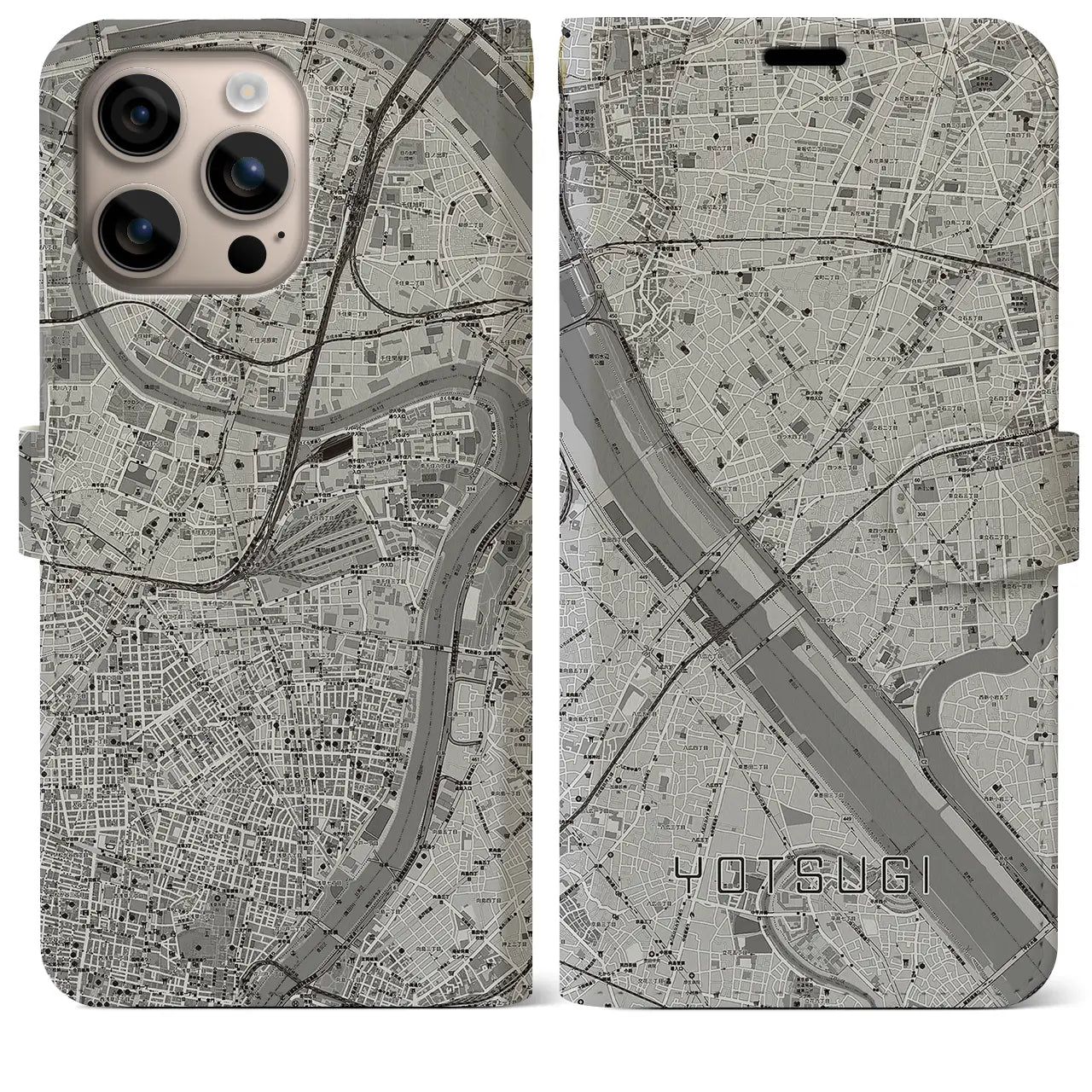 【四ツ木(東京都)】地図柄iPhoneケース(手帳タイプ)モノトーン・iPhone 16 Plus 用