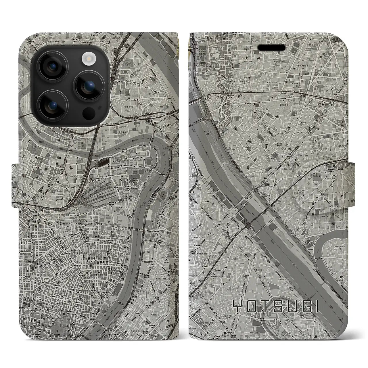 【四ツ木(東京都)】地図柄iPhoneケース(手帳タイプ)モノトーン・iPhone 16 用