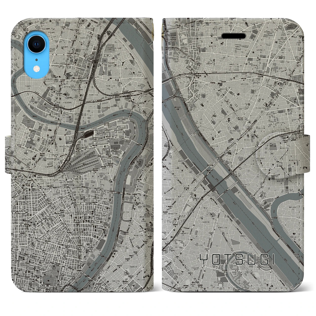 【四ツ木(東京都)】地図柄iPhoneケース(手帳タイプ)モノトーン・iPhone XR 用