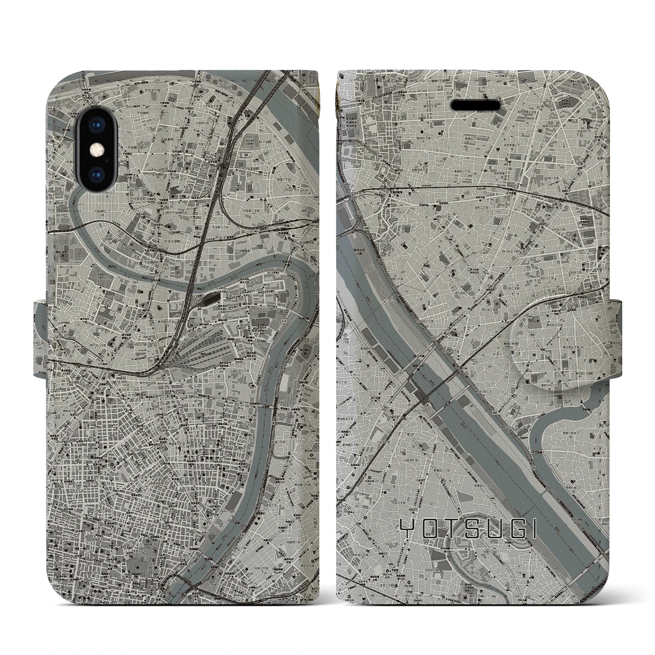 【四ツ木(東京都)】地図柄iPhoneケース(手帳タイプ)モノトーン・iPhone XS / X 用