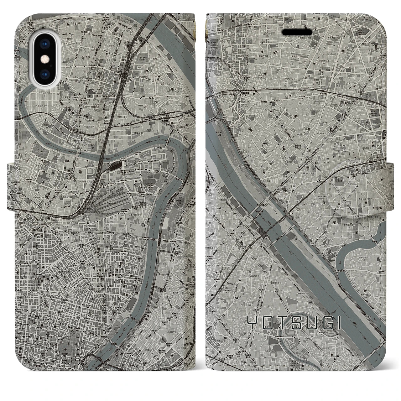 【四ツ木(東京都)】地図柄iPhoneケース(手帳タイプ)モノトーン・iPhone XS Max 用