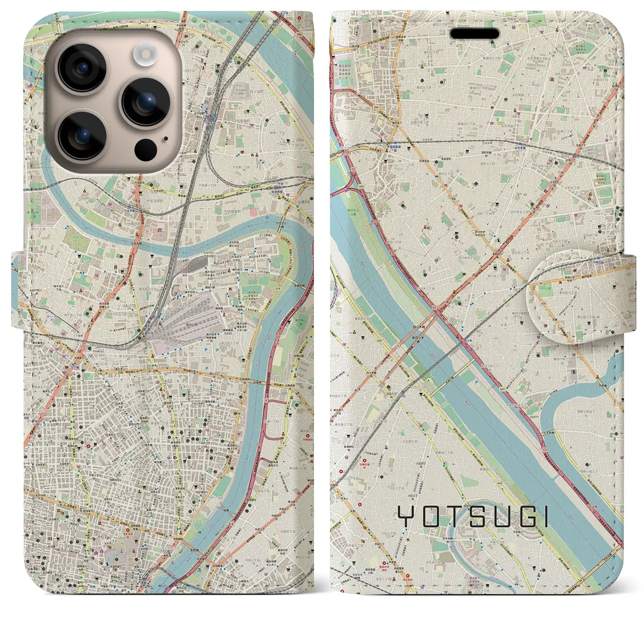 【四ツ木(東京都)】地図柄iPhoneケース(手帳タイプ)ナチュラル・iPhone 16 Plus 用