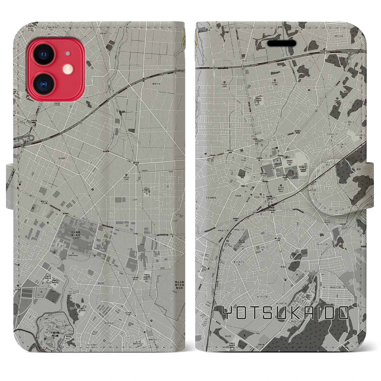 【四街道(千葉県)】地図柄iPhoneケース(手帳タイプ)モノトーン・iPhone 11 用