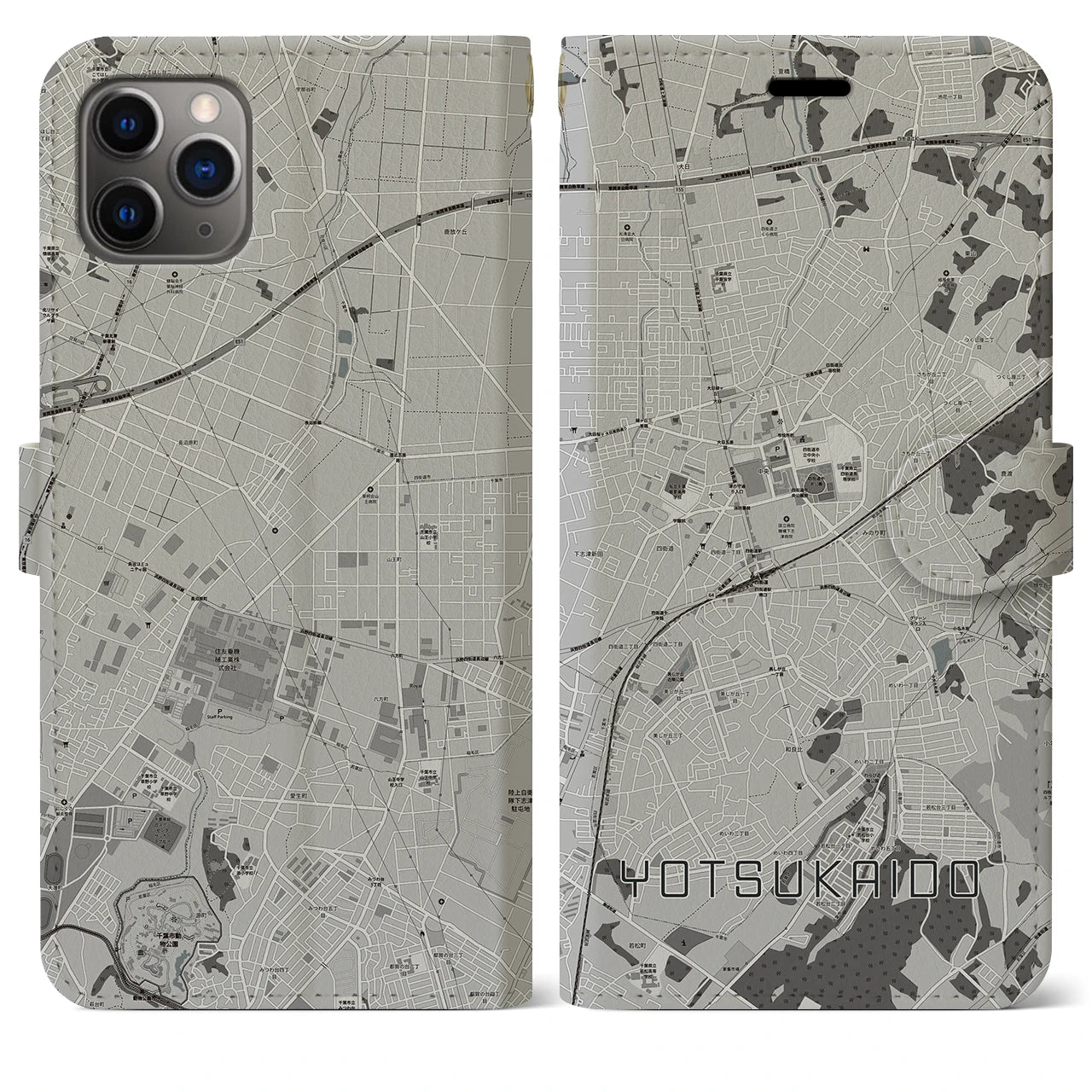 【四街道(千葉県)】地図柄iPhoneケース(手帳タイプ)モノトーン・iPhone 11 Pro Max 用