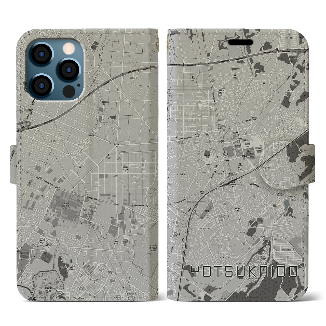 【四街道(千葉県)】地図柄iPhoneケース(手帳タイプ)モノトーン・iPhone 12 / 12 Pro 用