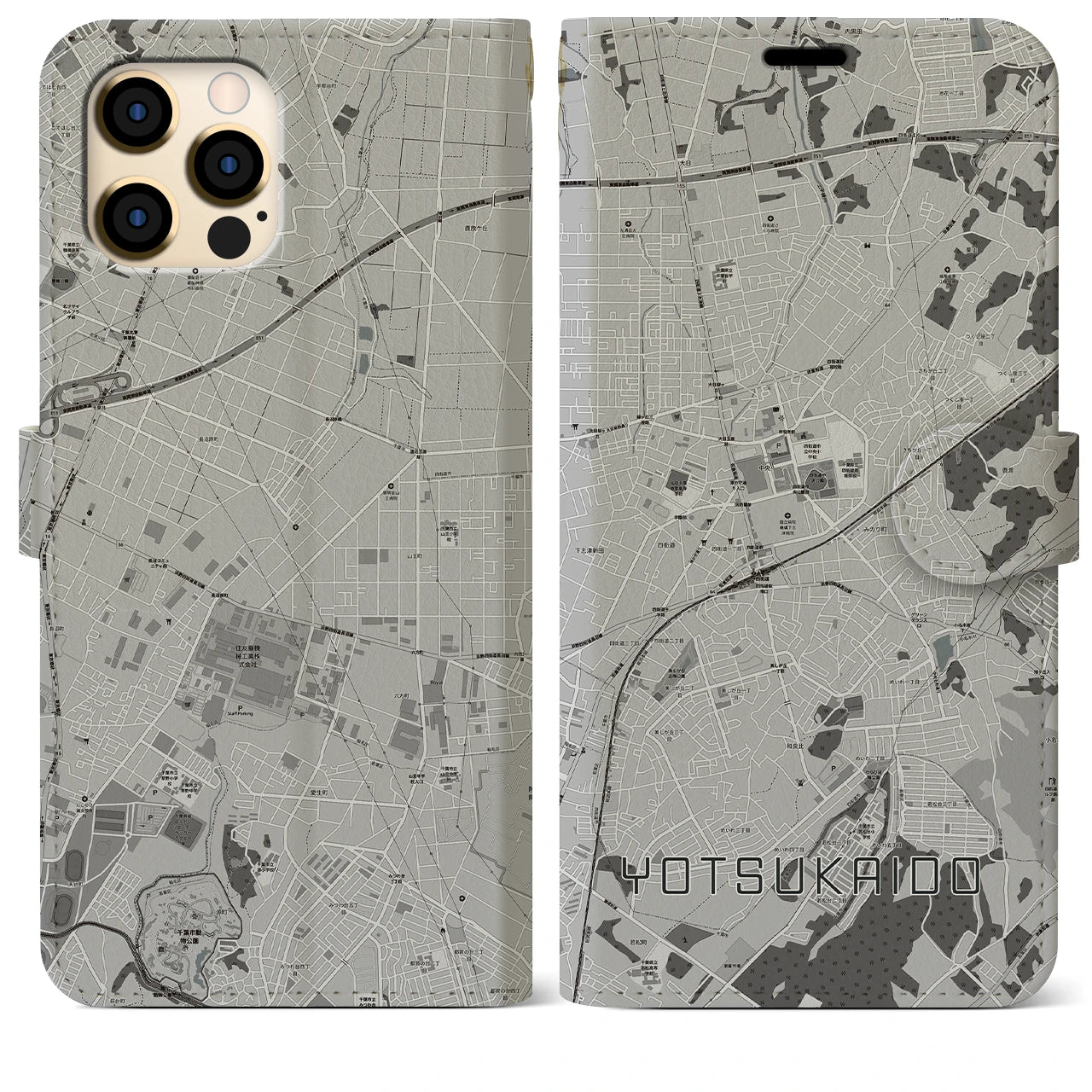 【四街道(千葉県)】地図柄iPhoneケース(手帳タイプ)モノトーン・iPhone 12 Pro Max 用