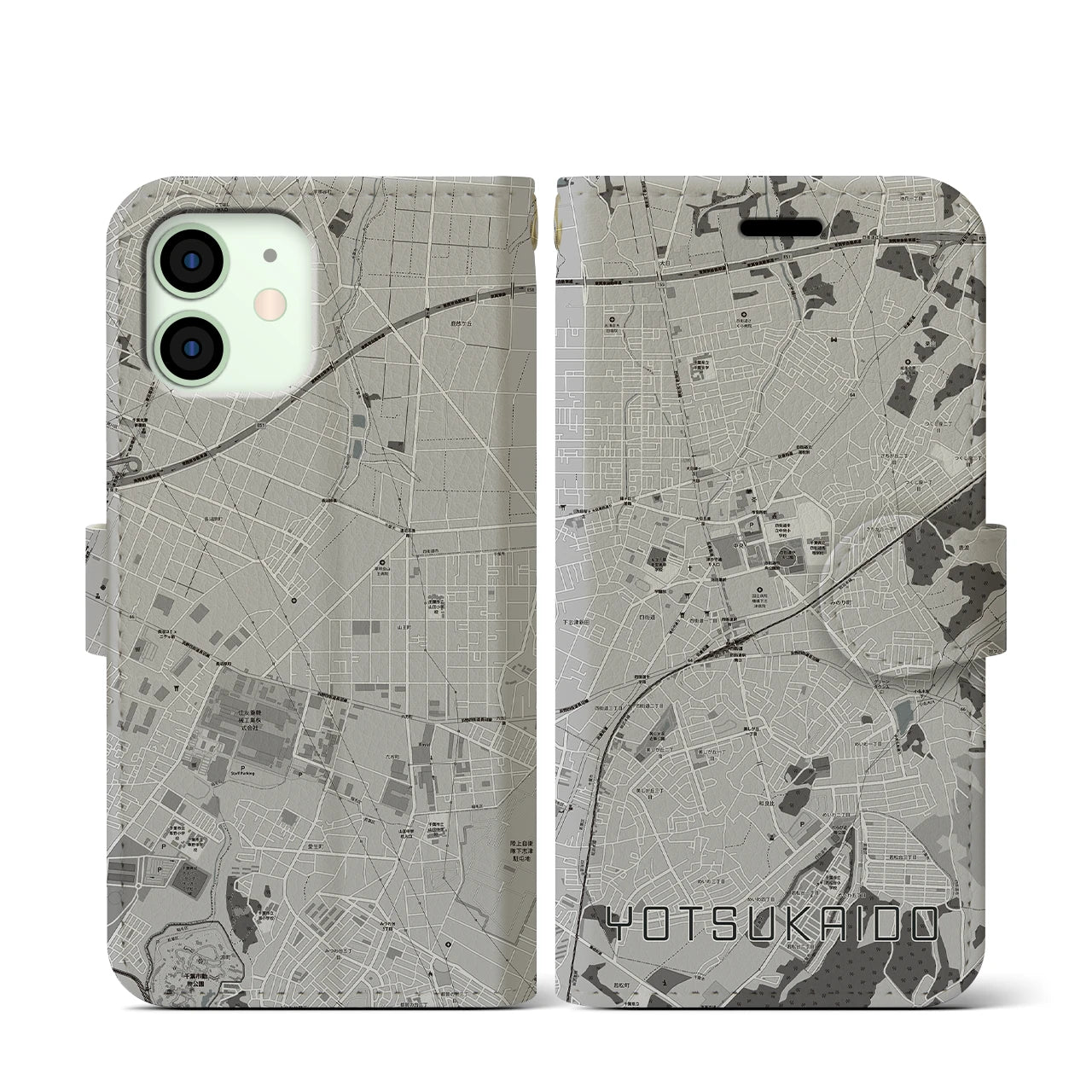 【四街道(千葉県)】地図柄iPhoneケース(手帳タイプ)モノトーン・iPhone 12 mini 用