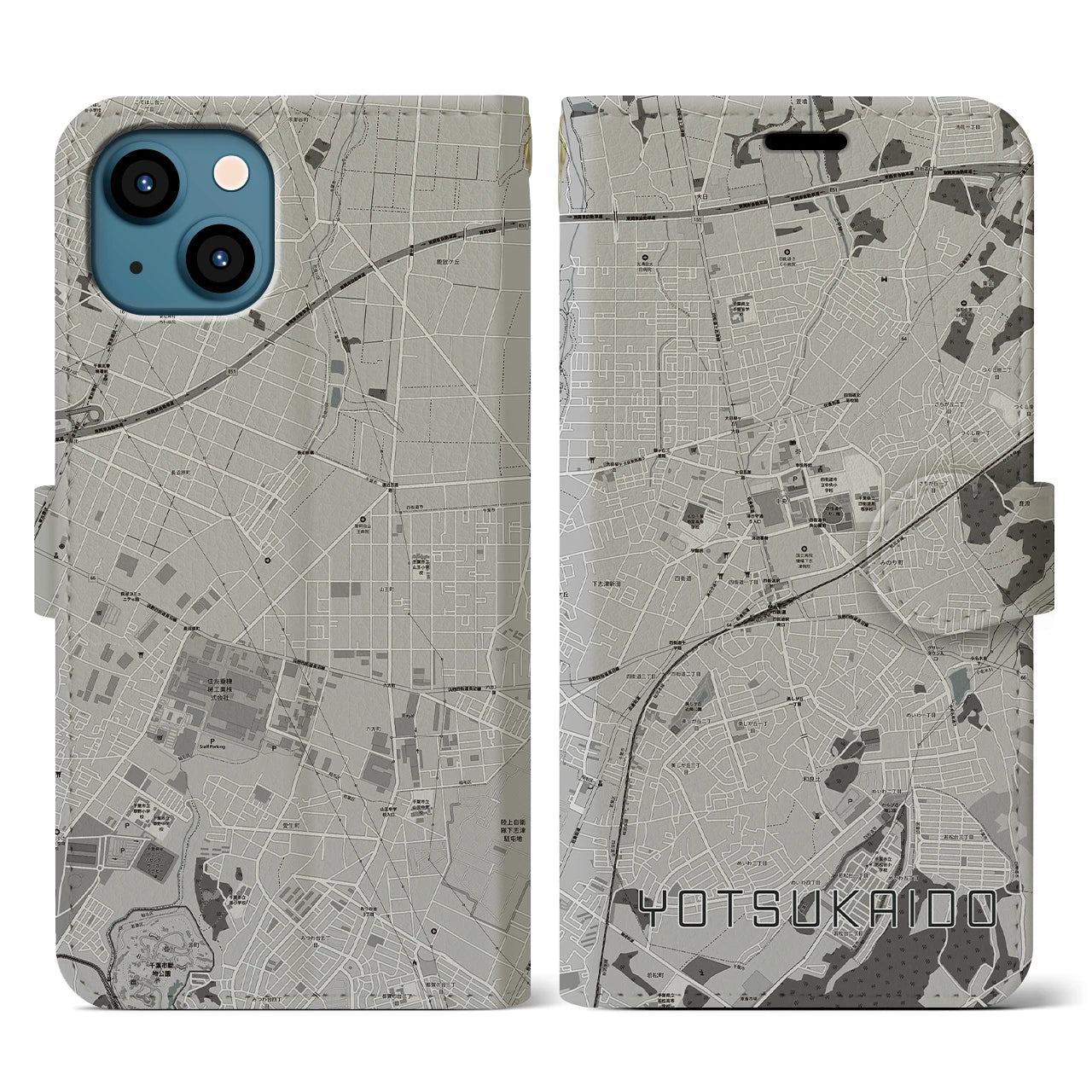 【四街道(千葉県)】地図柄iPhoneケース(手帳タイプ)モノトーン・iPhone 13 用