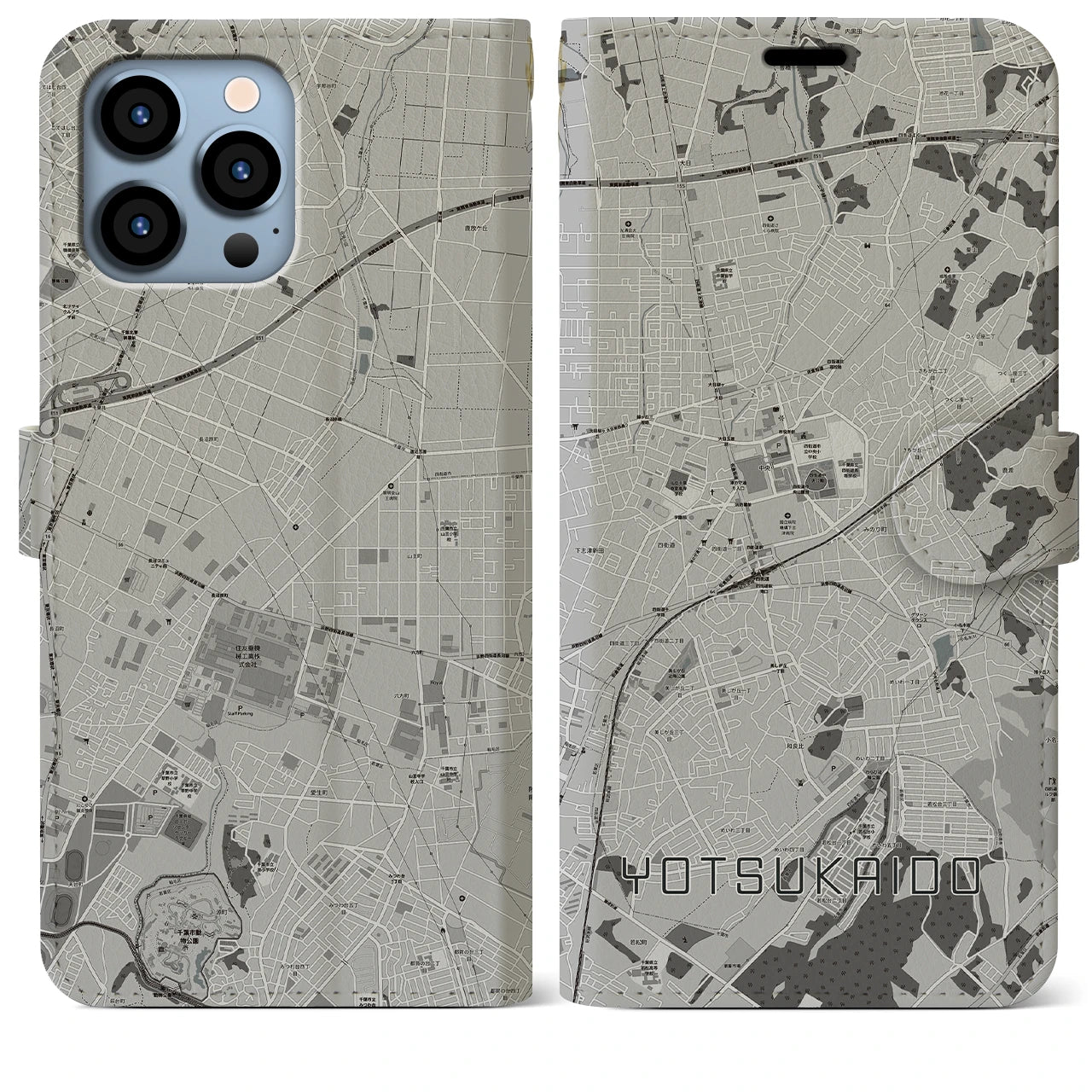 【四街道(千葉県)】地図柄iPhoneケース(手帳タイプ)モノトーン・iPhone 13 Pro Max 用