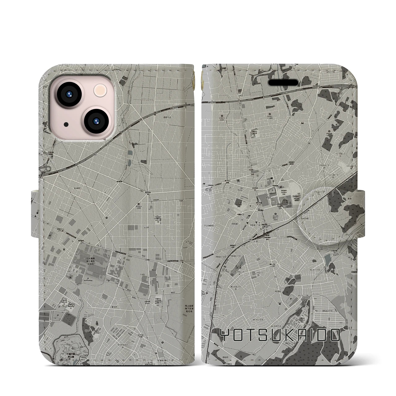 【四街道(千葉県)】地図柄iPhoneケース(手帳タイプ)モノトーン・iPhone 13 mini 用