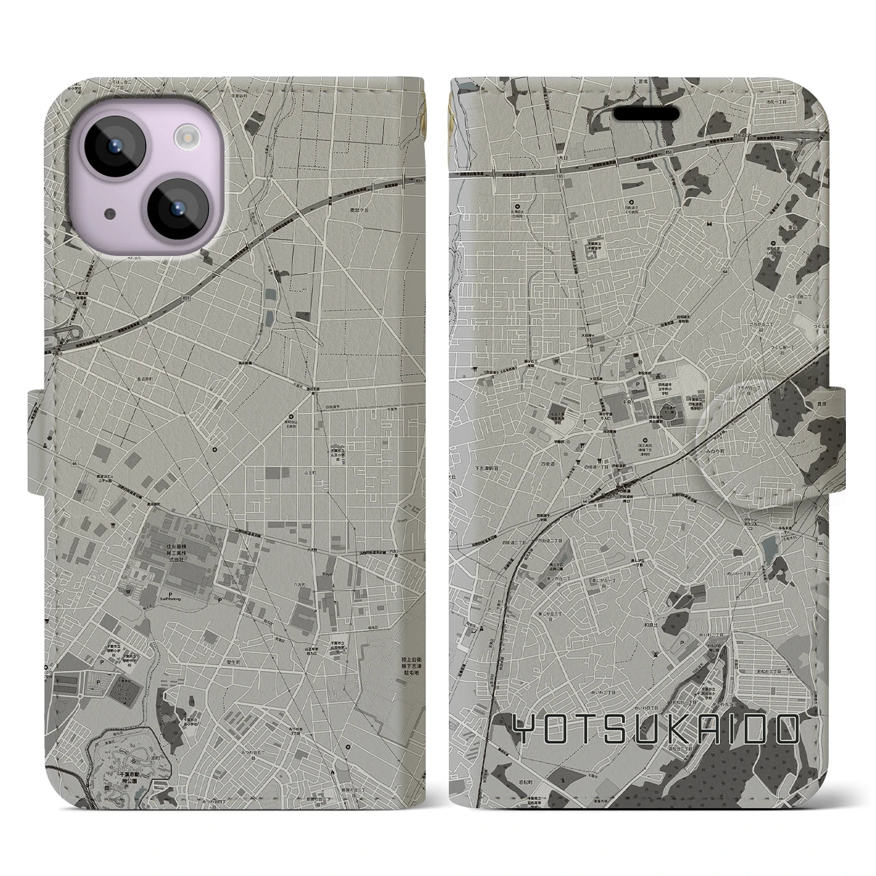 【四街道(千葉県)】地図柄iPhoneケース(手帳タイプ)モノトーン・iPhone 14 用