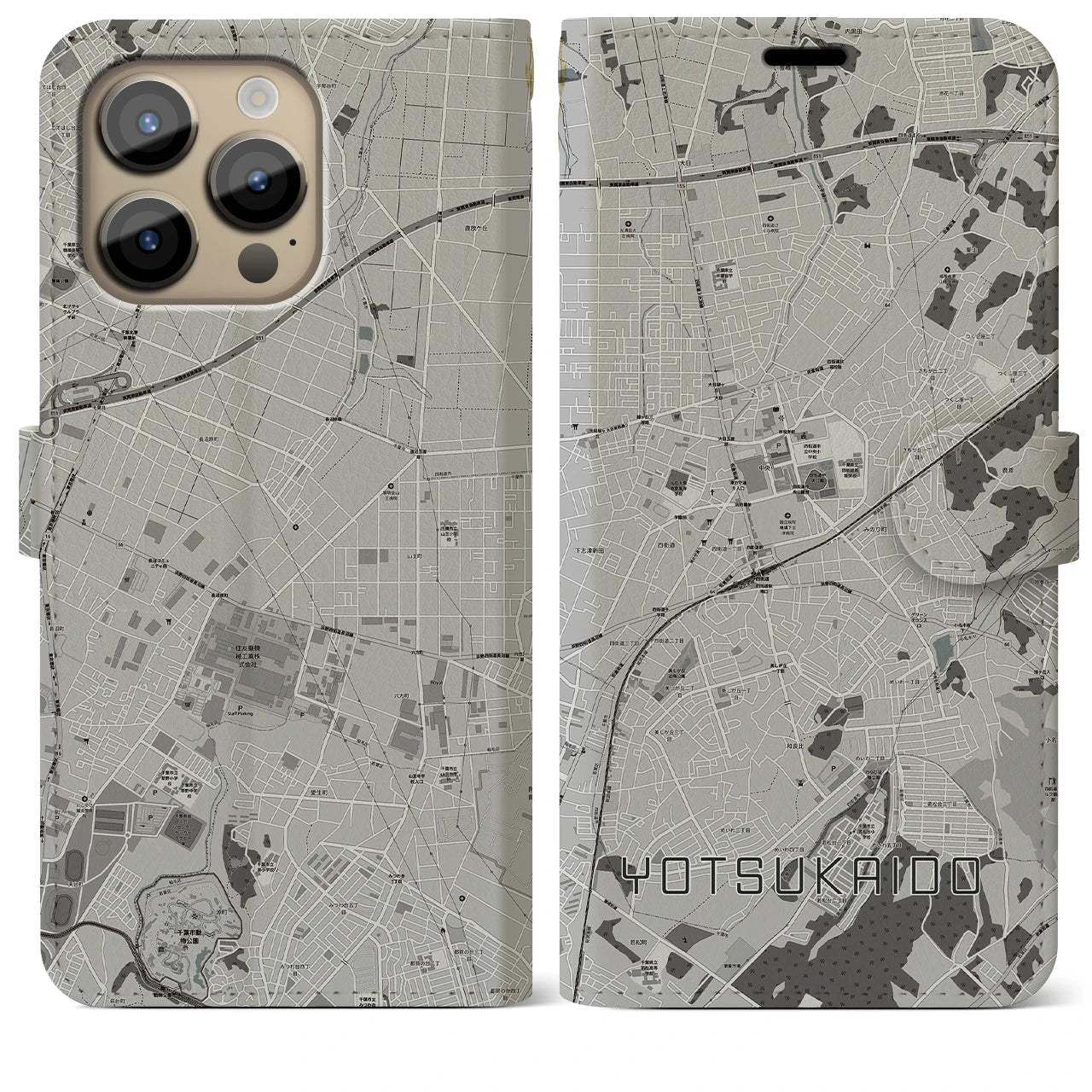 【四街道(千葉県)】地図柄iPhoneケース(手帳タイプ)モノトーン・iPhone 14 Pro Max 用
