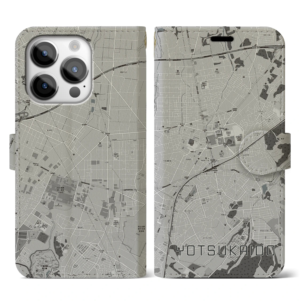 【四街道(千葉県)】地図柄iPhoneケース(手帳タイプ)モノトーン・iPhone 14 Pro 用