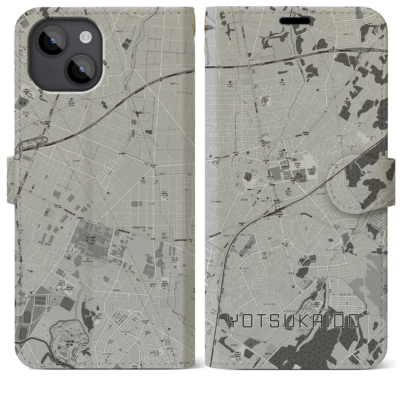 【四街道(千葉県)】地図柄iPhoneケース(手帳タイプ)モノトーン・iPhone 14 Plus 用