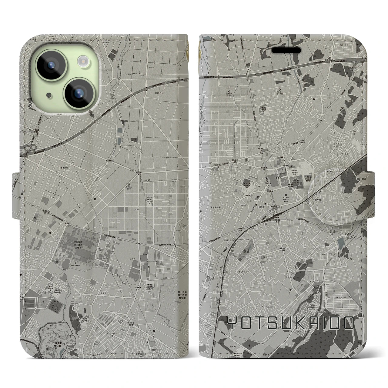 【四街道(千葉県)】地図柄iPhoneケース(手帳タイプ)モノトーン・iPhone 15 用