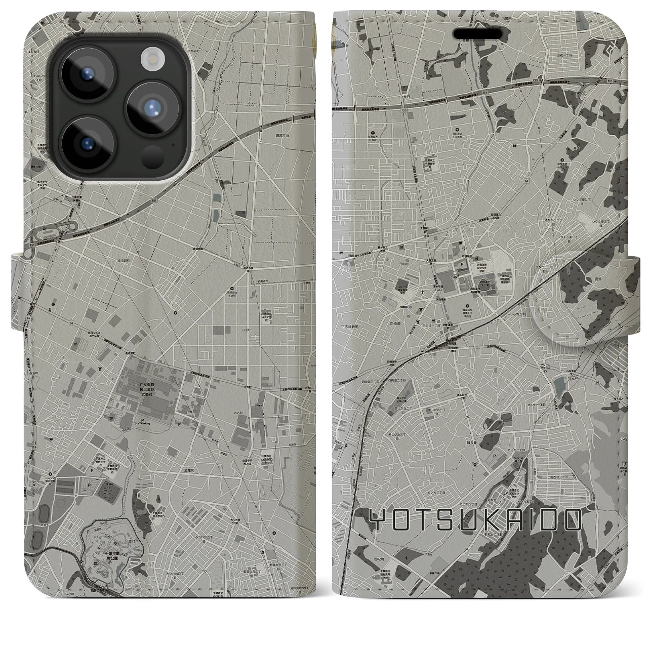 【四街道(千葉県)】地図柄iPhoneケース(手帳タイプ)モノトーン・iPhone 15 Pro Max 用