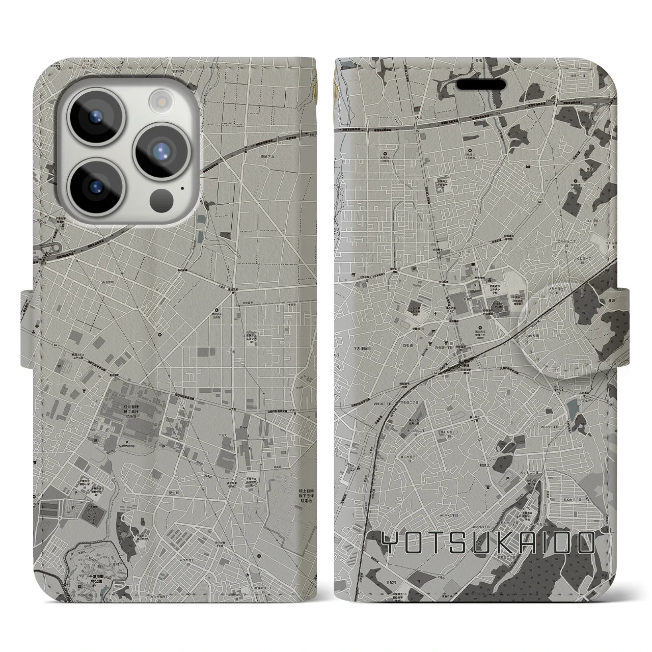 【四街道(千葉県)】地図柄iPhoneケース(手帳タイプ)モノトーン・iPhone 15 Pro 用