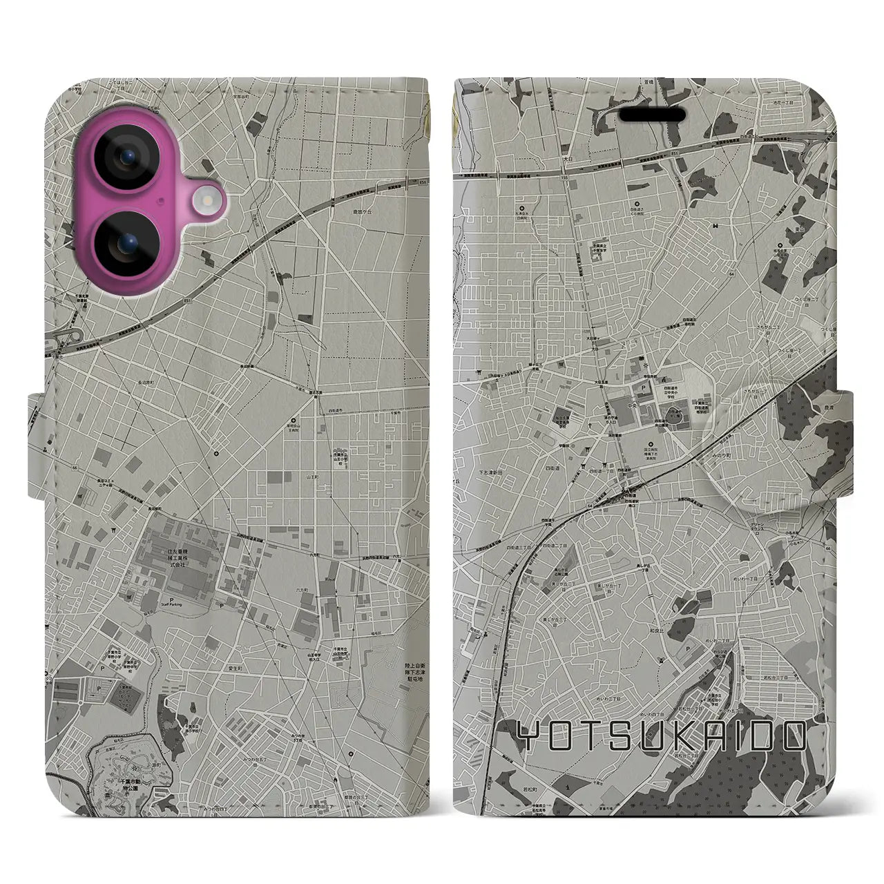 【四街道(千葉県)】地図柄iPhoneケース(手帳タイプ)モノトーン・iPhone 16 Pro 用