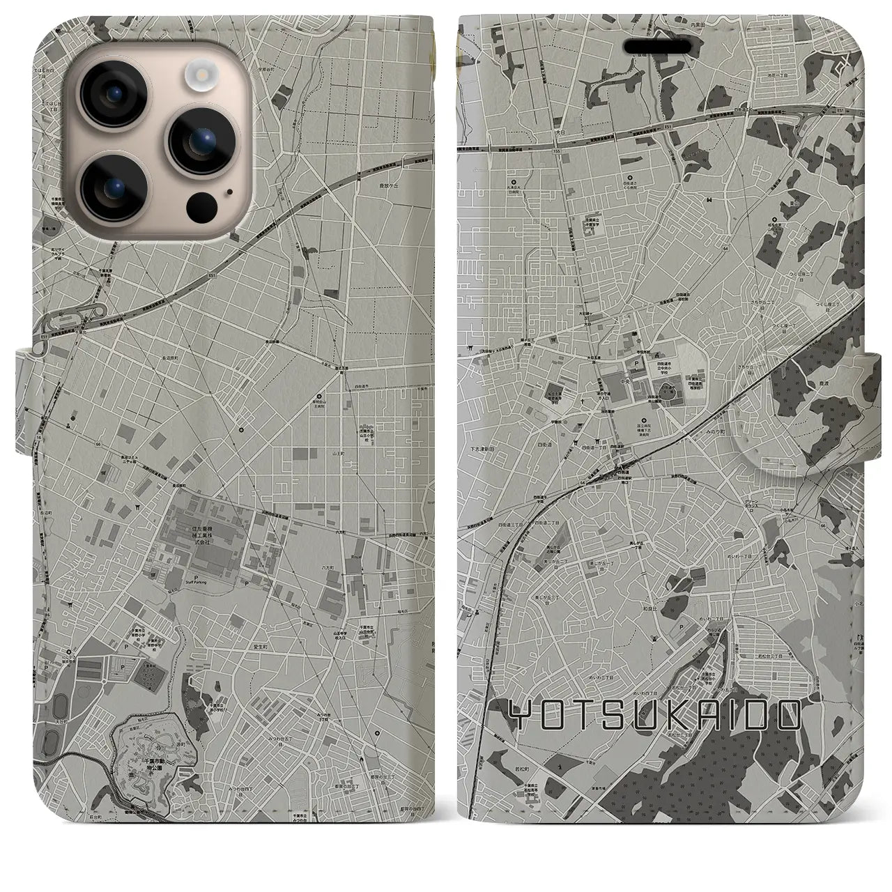 【四街道(千葉県)】地図柄iPhoneケース(手帳タイプ)モノトーン・iPhone 16 Plus 用