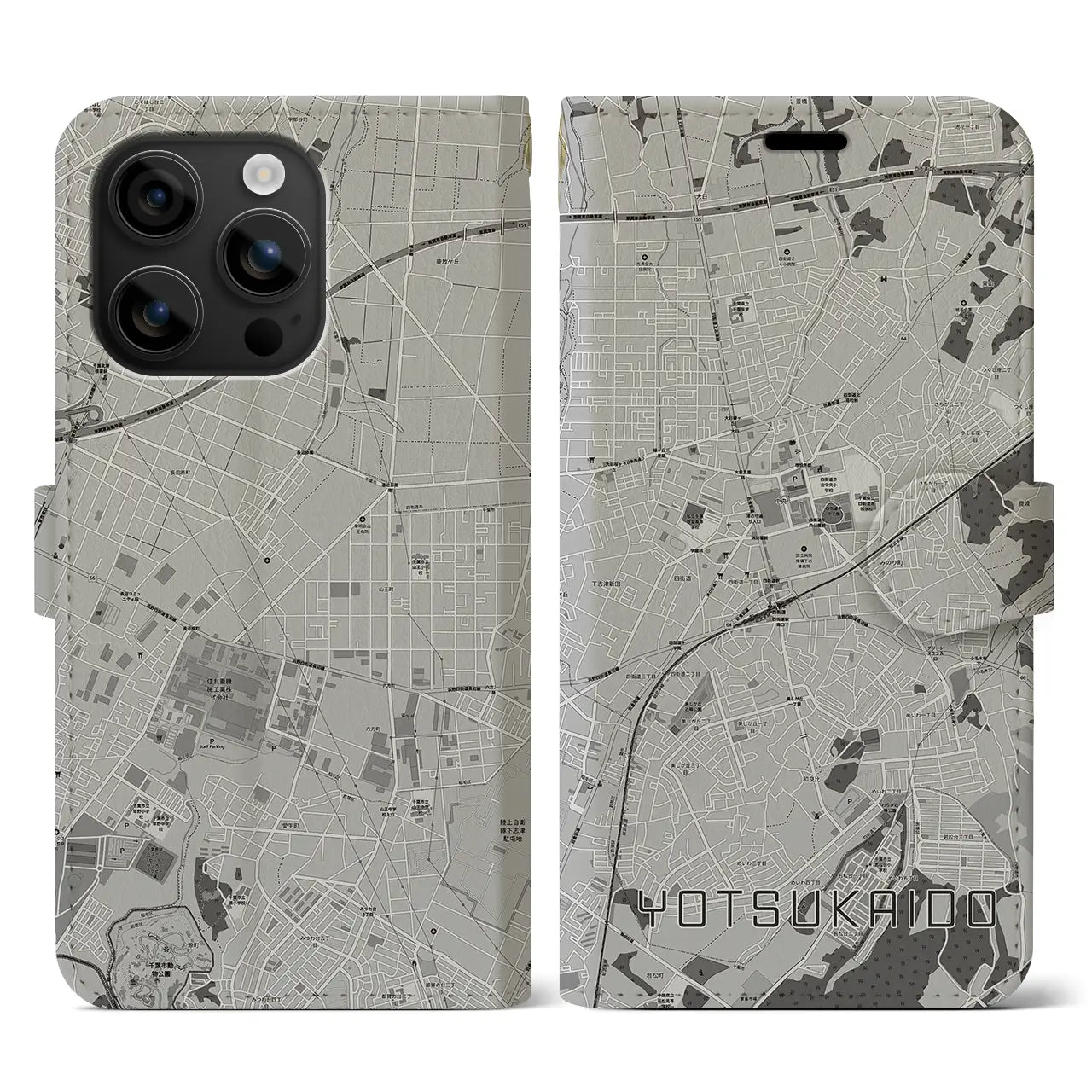 【四街道(千葉県)】地図柄iPhoneケース(手帳タイプ)モノトーン・iPhone 16 用