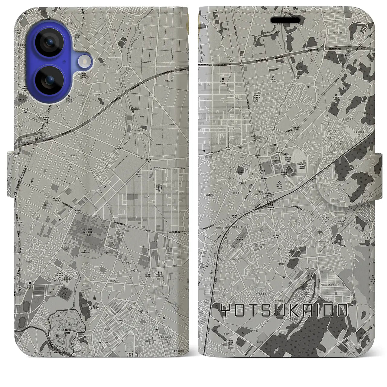 【四街道(千葉県)】地図柄iPhoneケース(手帳タイプ)モノトーン・iPhone 16 Pro Max 用