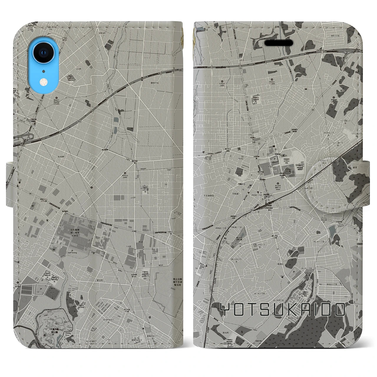 【四街道(千葉県)】地図柄iPhoneケース(手帳タイプ)モノトーン・iPhone XR 用