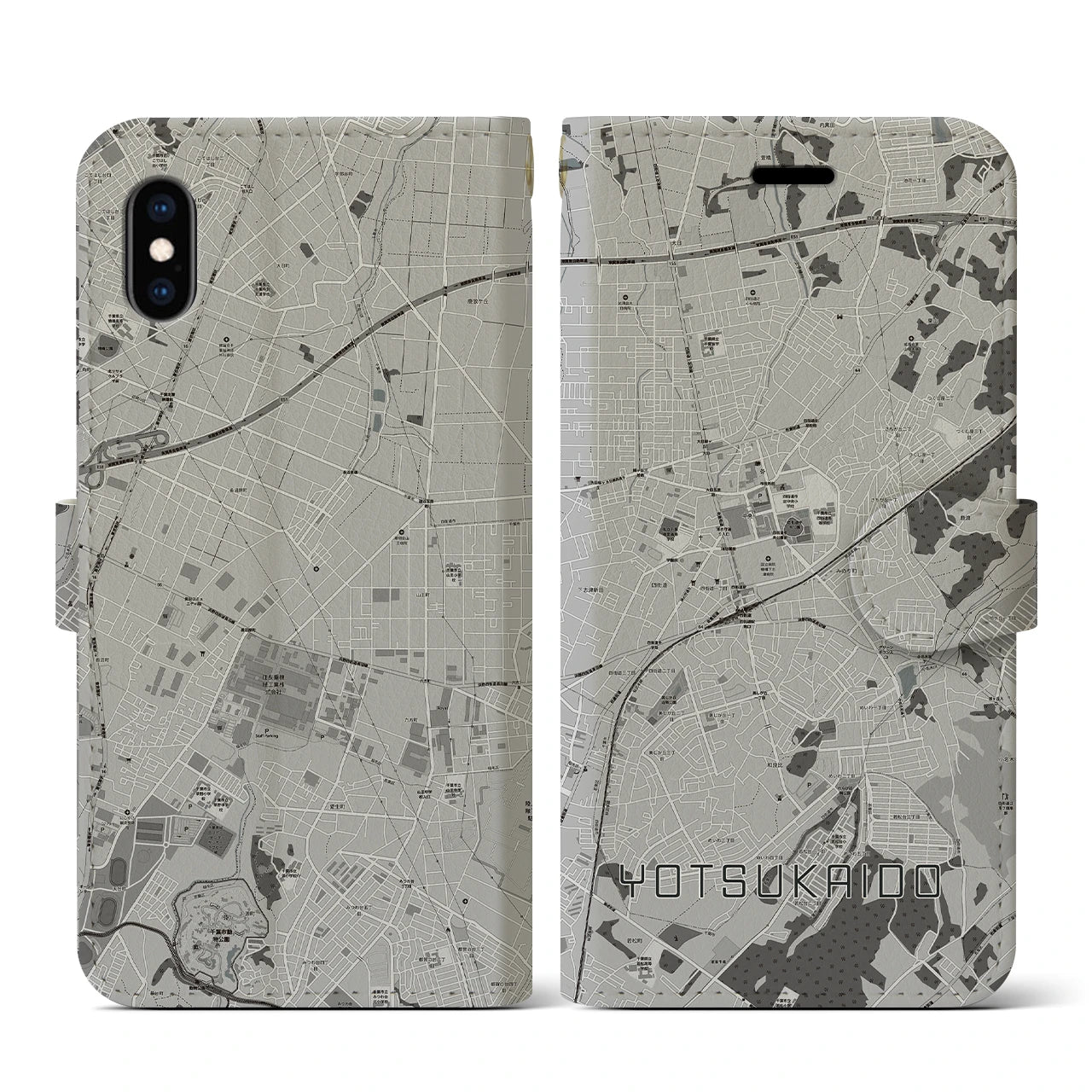 【四街道(千葉県)】地図柄iPhoneケース(手帳タイプ)モノトーン・iPhone XS / X 用