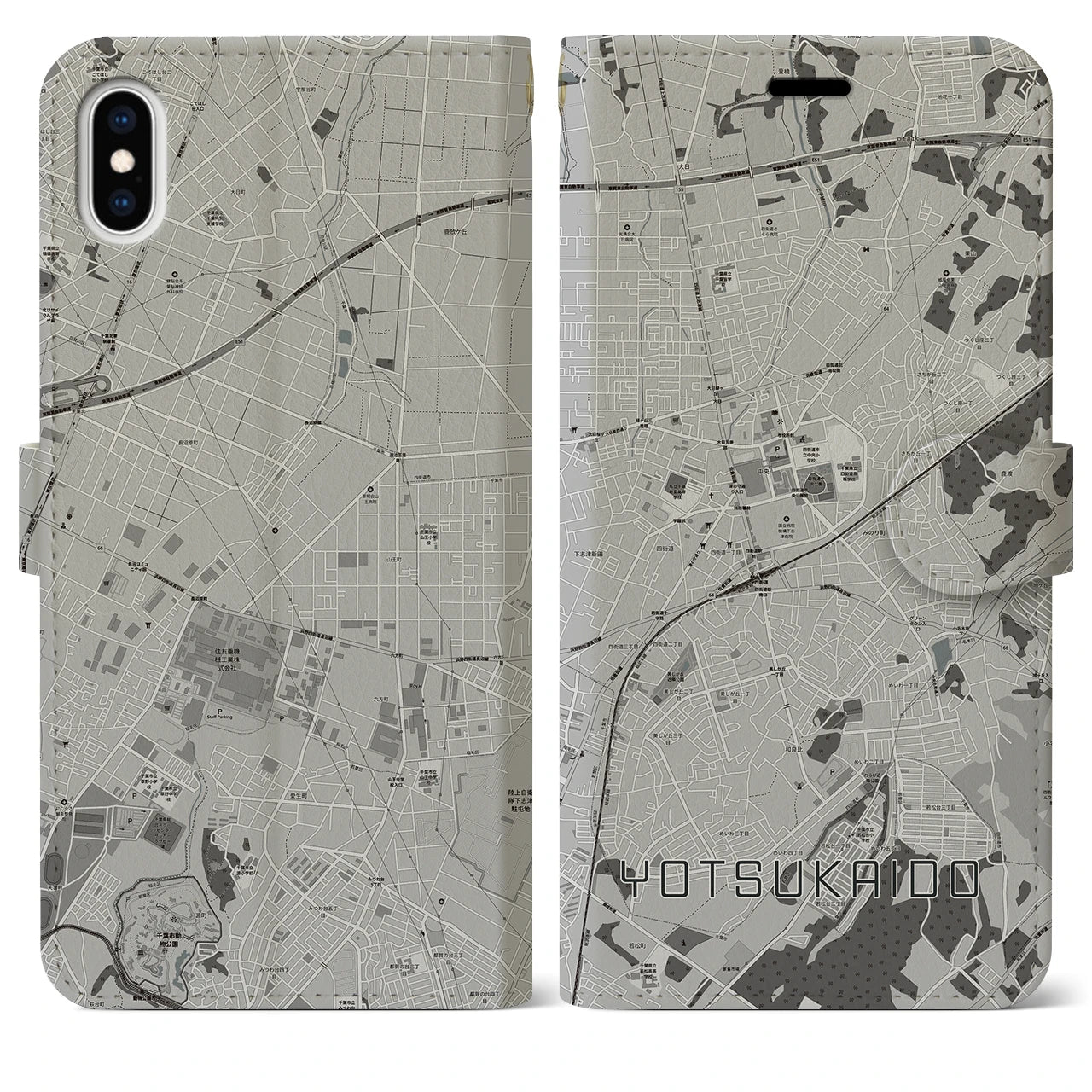 【四街道(千葉県)】地図柄iPhoneケース(手帳タイプ)モノトーン・iPhone XS Max 用