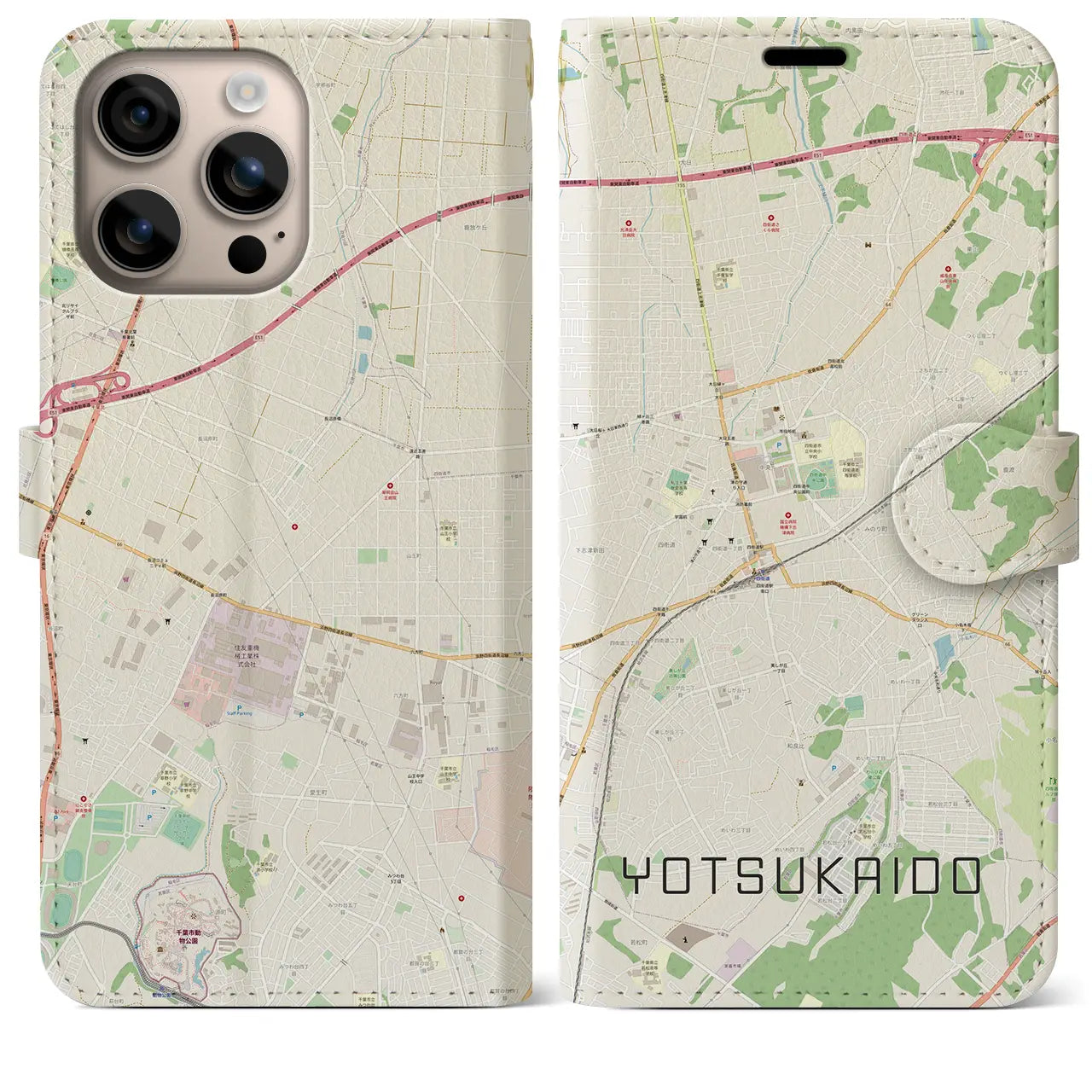 【四街道(千葉県)】地図柄iPhoneケース(手帳タイプ)ナチュラル・iPhone 16 Plus 用