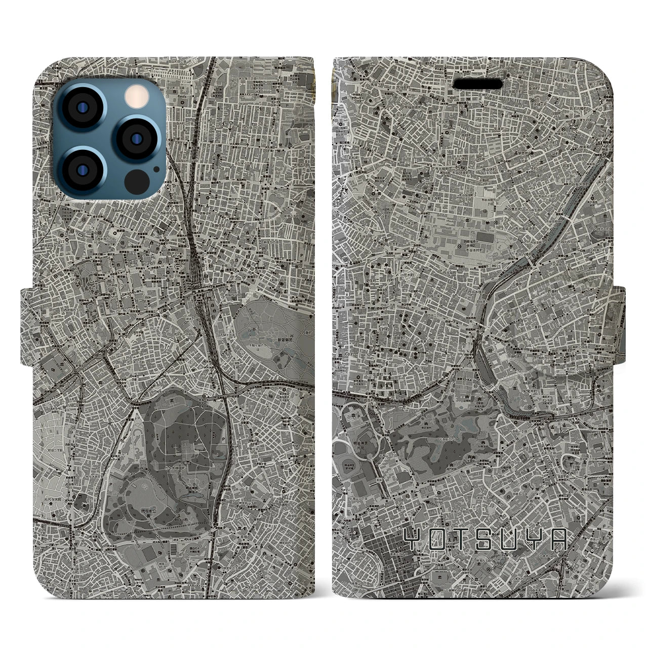 【四ツ谷(東京都)】地図柄iPhoneケース(手帳タイプ)モノトーン・iPhone 12 / 12 Pro 用