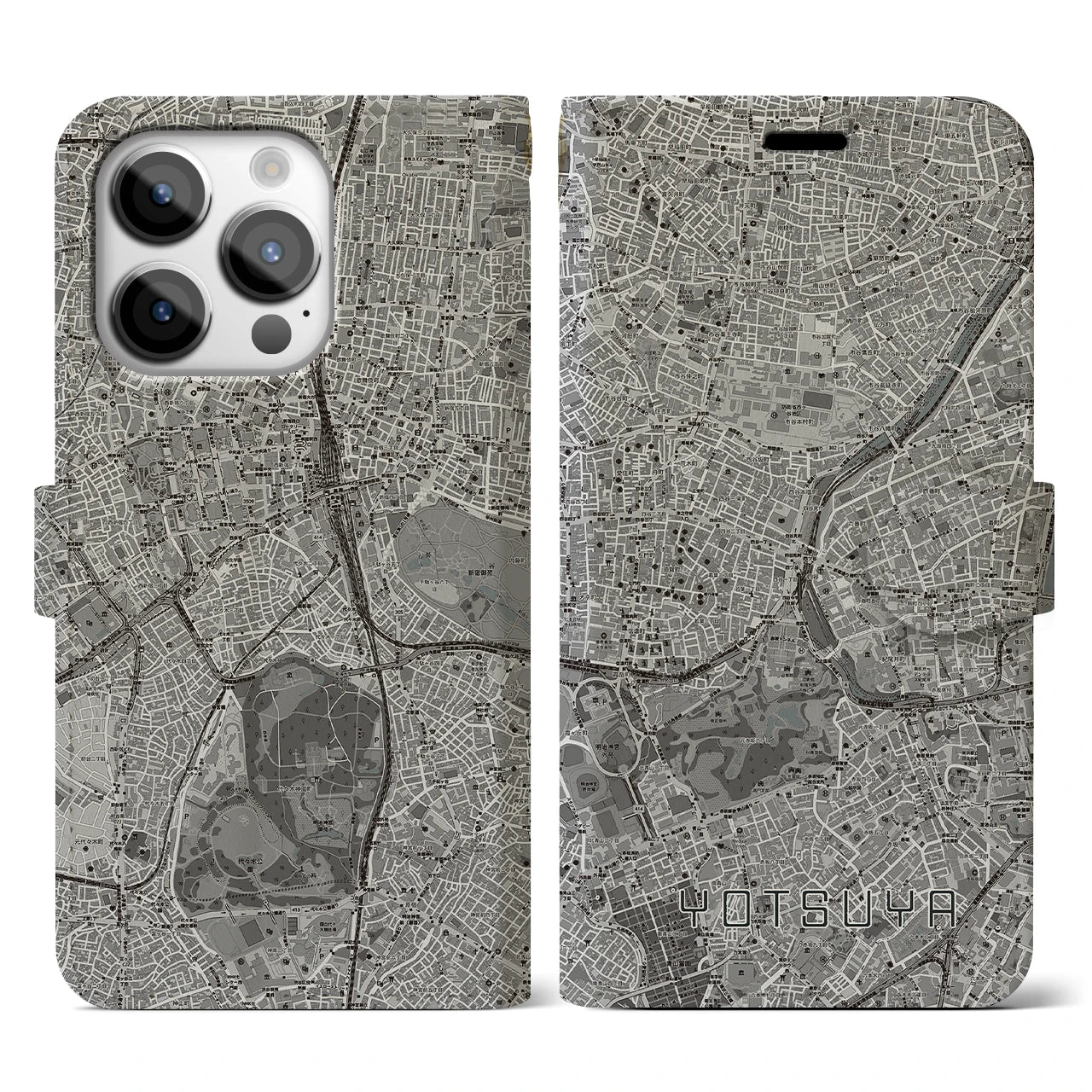 【四ツ谷(東京都)】地図柄iPhoneケース(手帳タイプ)モノトーン・iPhone 14 Pro 用