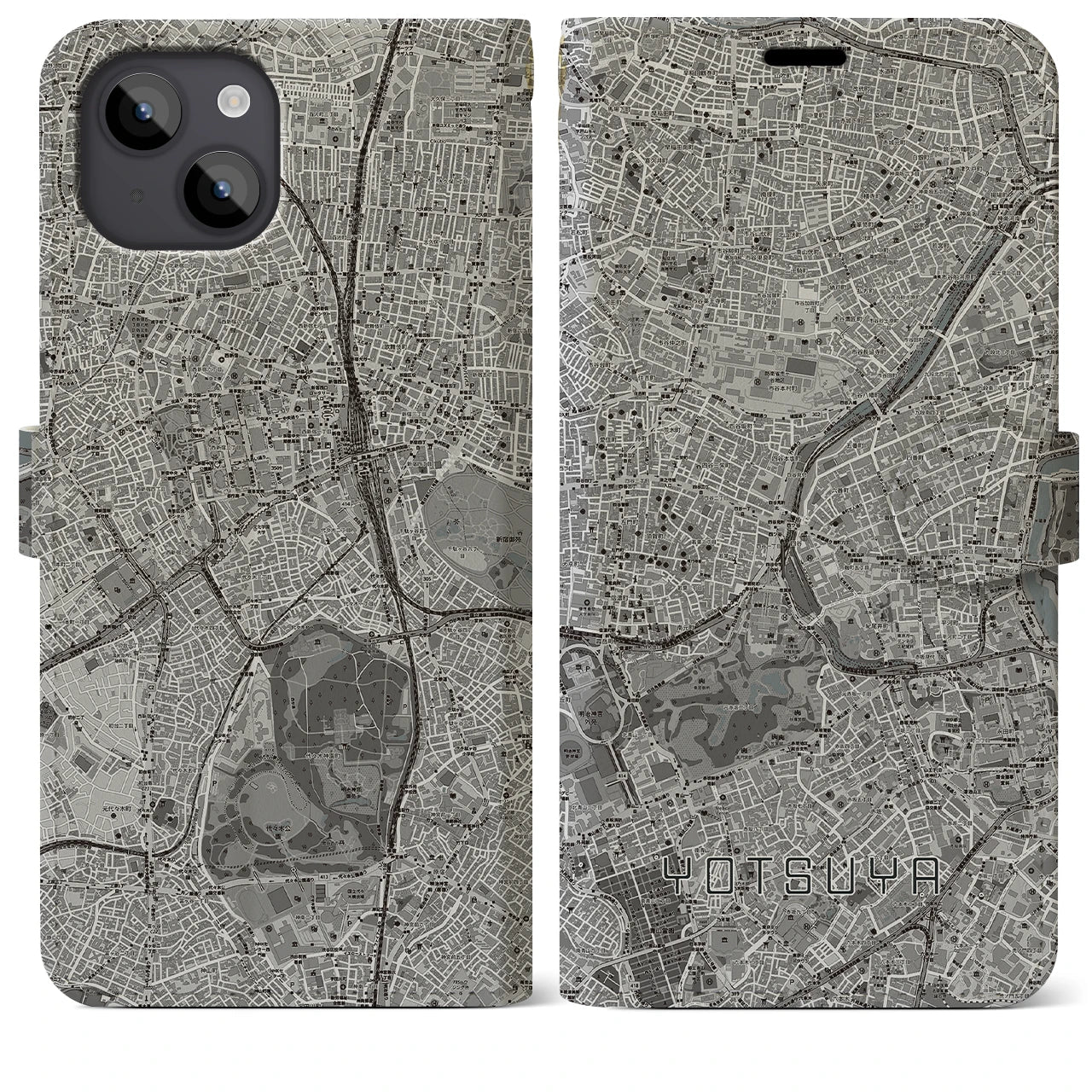【四ツ谷(東京都)】地図柄iPhoneケース(手帳タイプ)モノトーン・iPhone 14 Plus 用