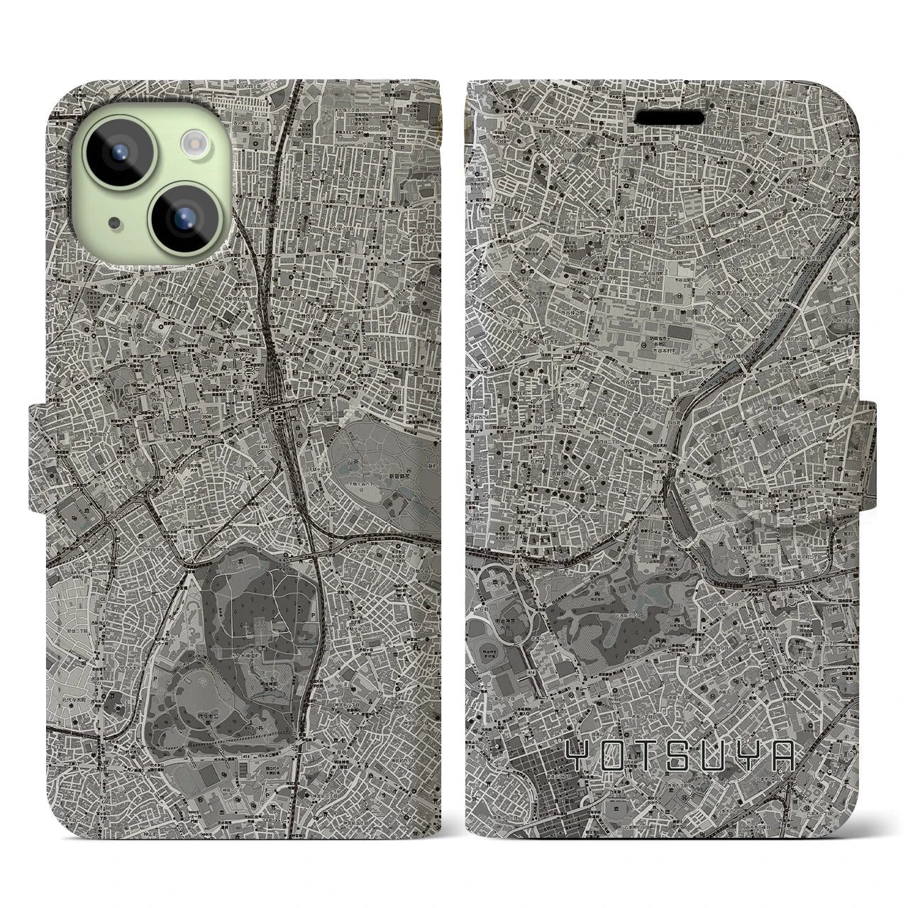 【四ツ谷(東京都)】地図柄iPhoneケース(手帳タイプ)モノトーン・iPhone 15 用