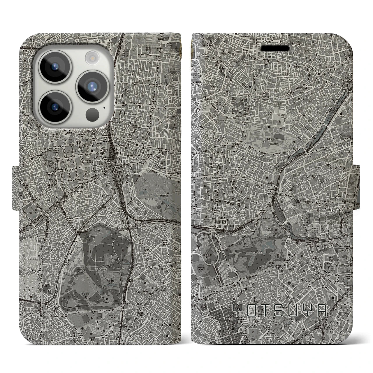 【四ツ谷(東京都)】地図柄iPhoneケース(手帳タイプ)モノトーン・iPhone 15 Pro 用