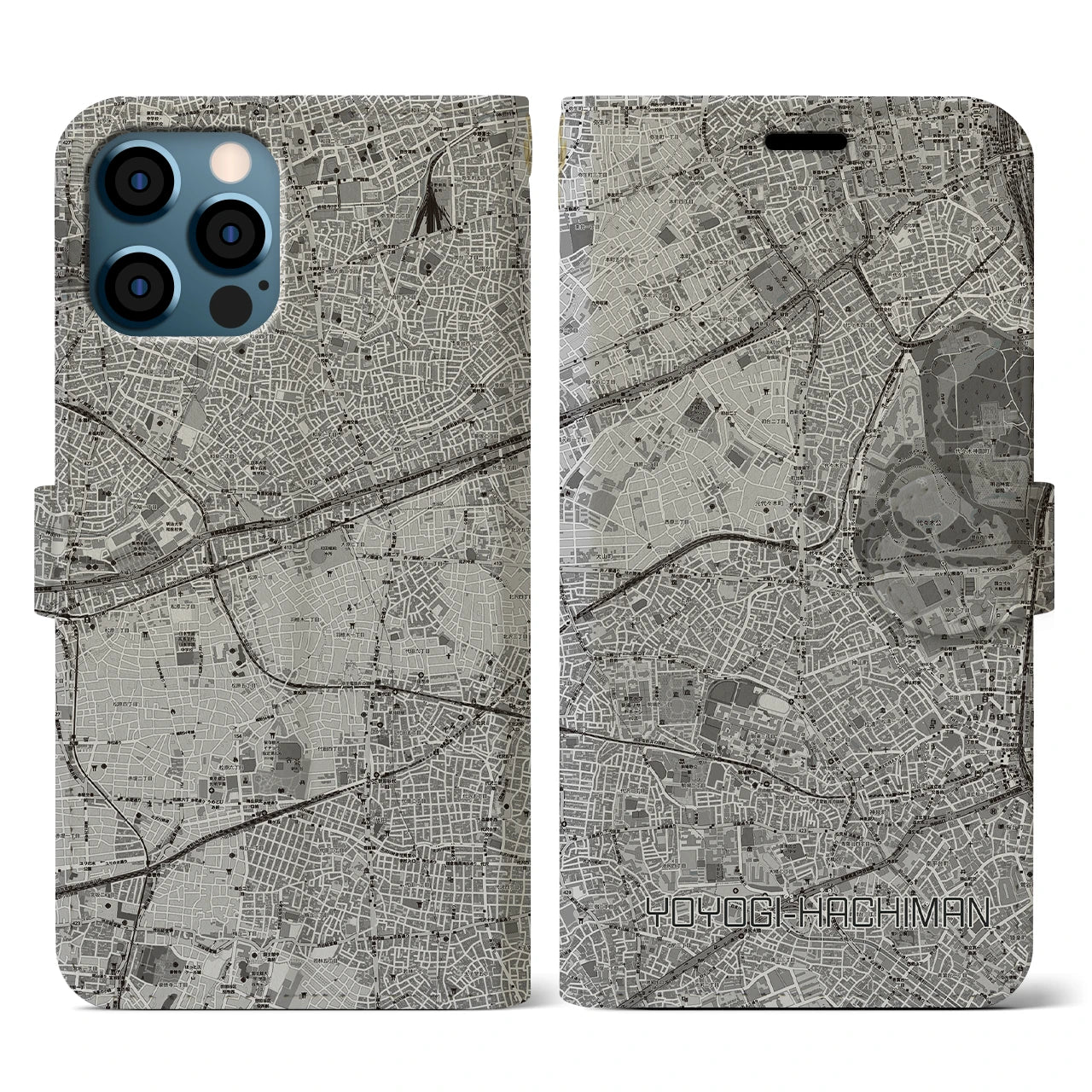 【代々木八幡(東京都)】地図柄iPhoneケース(手帳タイプ)モノトーン・iPhone 12 / 12 Pro 用