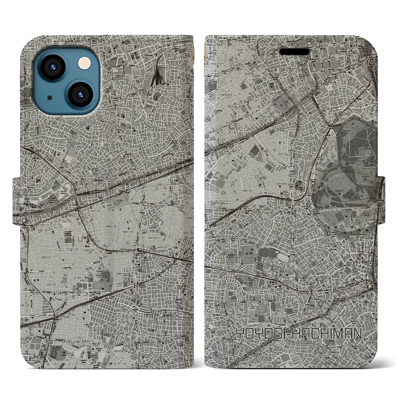 【代々木八幡(東京都)】地図柄iPhoneケース(手帳タイプ)モノトーン・iPhone 13 用