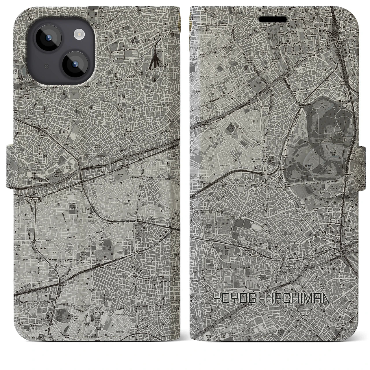【代々木八幡(東京都)】地図柄iPhoneケース(手帳タイプ)モノトーン・iPhone 14 Plus 用