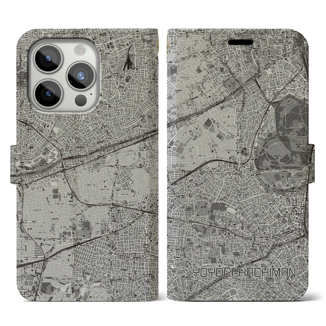 【代々木八幡(東京都)】地図柄iPhoneケース(手帳タイプ)モノトーン・iPhone 15 Pro 用
