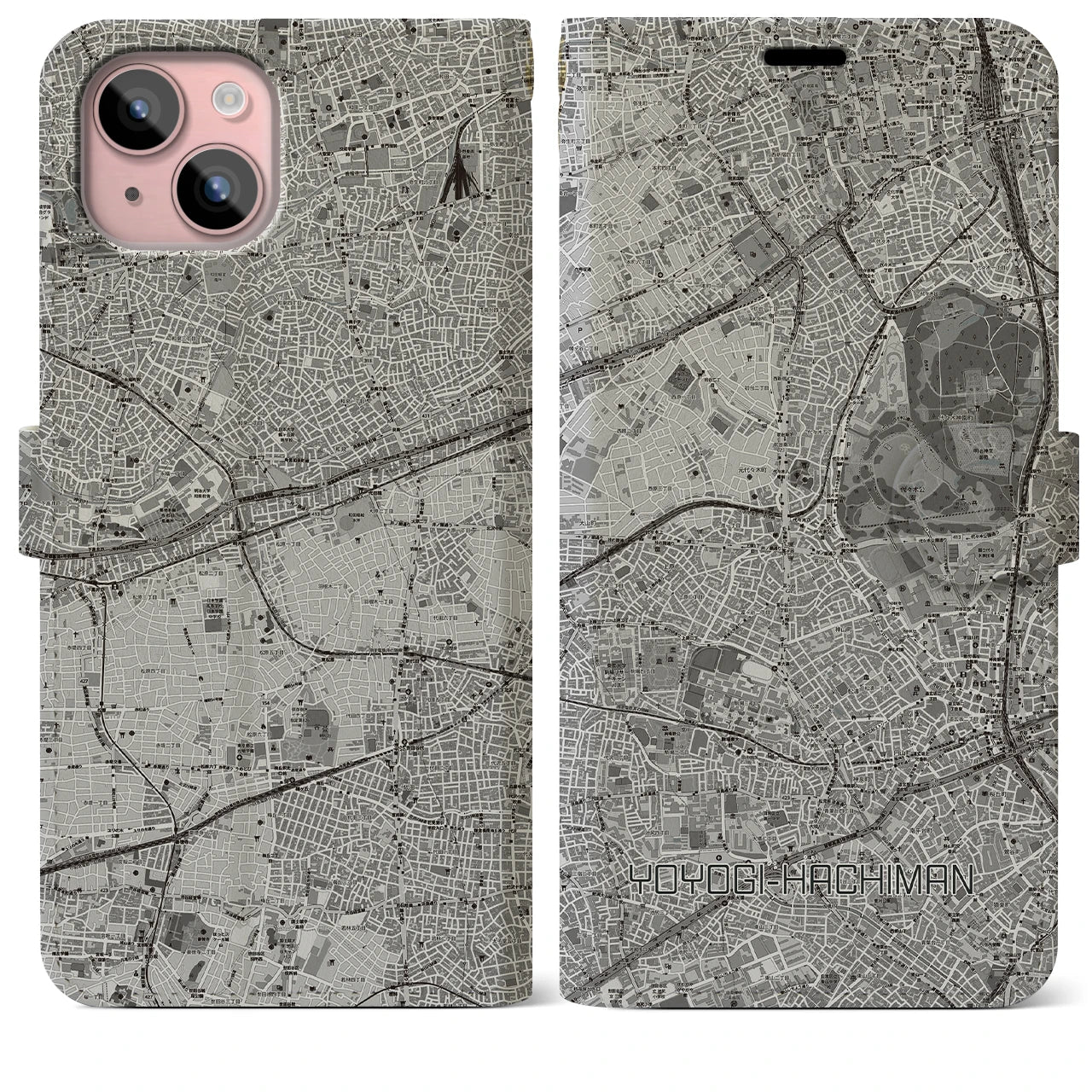 【代々木八幡(東京都)】地図柄iPhoneケース(手帳タイプ)モノトーン・iPhone 15 Plus 用