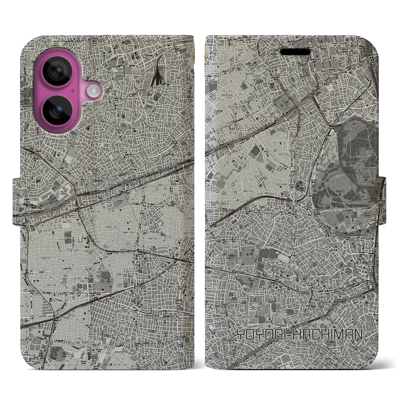 【代々木八幡(東京都)】地図柄iPhoneケース(手帳タイプ)モノトーン・iPhone 16 Pro 用