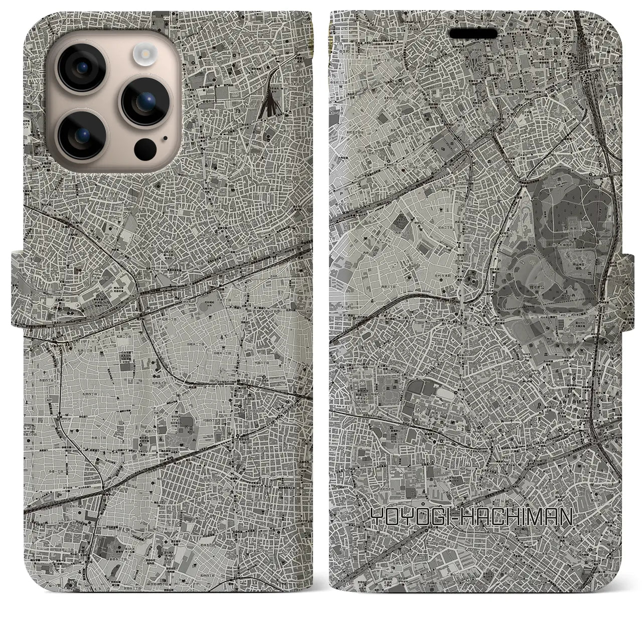 【代々木八幡(東京都)】地図柄iPhoneケース(手帳タイプ)モノトーン・iPhone 16 Plus 用